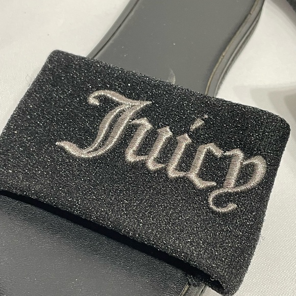women’s size 7 Juicy Couture black fuzzy slides with gold embroidery, good cond - Picture 4 of 6
